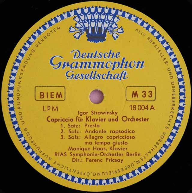 フリッチャイのストラヴィンスキー/ピアノと管弦楽のためのカプリッチョほか 独DGG 3627 LP レコード