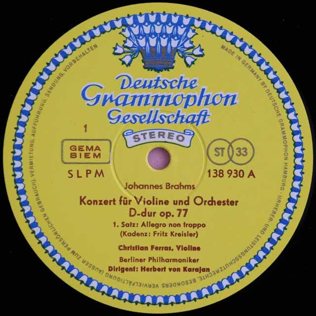 フェラス、カラヤンのブラームス/ヴァイオリン協奏曲 独DGG 3628 LP レコード