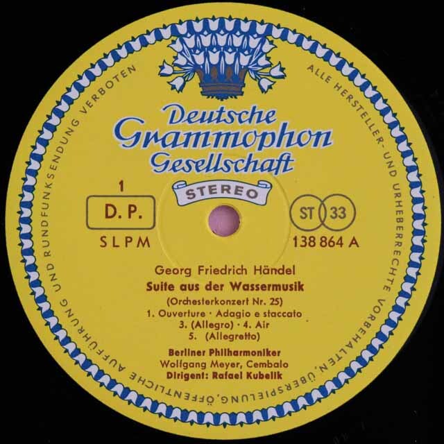 【赤ステレオ、独最初期盤】 クーベリックのヘンデル/「水上の音楽」組曲ほか 独DGG 3629 LP レコード