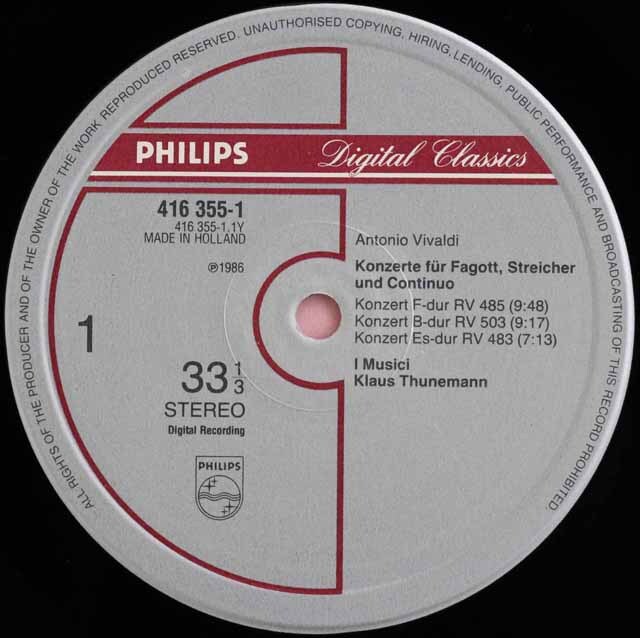 LP レコード トゥーネマン、イ・ムジチのヴィヴァルディ/ファゴット