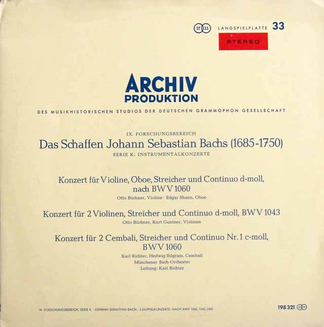 【赤ステレオ、カルテ付き】　リヒターのバッハ/オーボエ、ヴァイオリンのための協奏曲ほか　独ARCHIV　3631　LP レコード