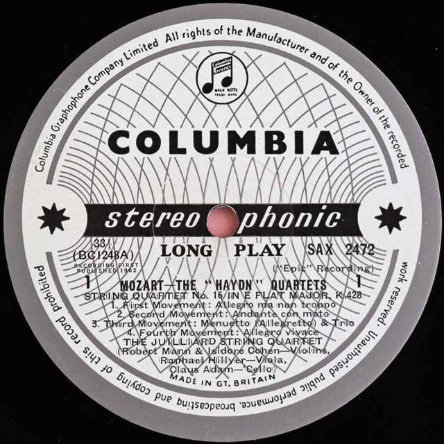 【オリジナル盤】 ジュリアード四重奏団のモーツァルト/「ハイドンセット」四重奏曲集 英Columbia 3632 LP レコード