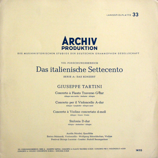 【カルテ付き】　ニコレ、マイナルディ、シュナイダーハンのタルティーニ/協奏曲集　独ARCHIV　3638　LP レコード