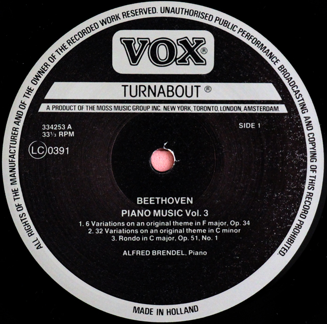 LP レコード ブレンデルのベートーヴェン/ピアノ変奏曲集 第3巻 蘭VOX 3638