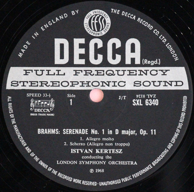 LP レコード ケルテスのブラームス/セレナーデ第1番 英DECCA 3640