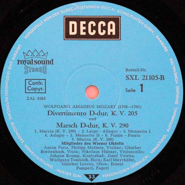 ウィーン・オクテット(八重奏団)のモーツァルト/ディヴェルティメント 第7番ほか 独DECCA 3703 LP レコード