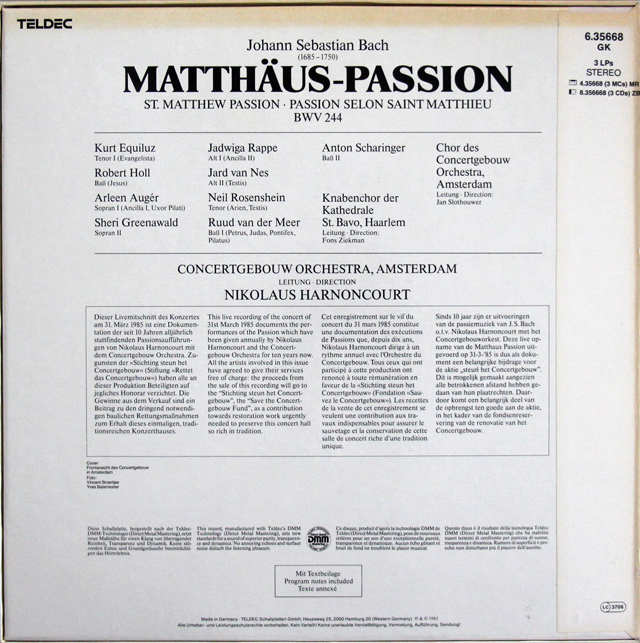 LP レコード アーノンクールのバッハ/「マタイ受難曲」全曲 独TELDEC 3705