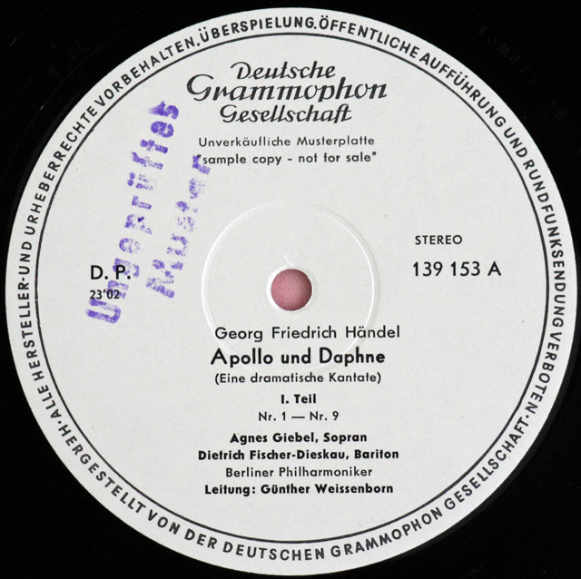 【白レーベル/非売品(テストプレス)】　F.=ディースカウ、ヴァイセンボルンのヘンデル/「アポロとダフネ」　独DGG　3711　LP レコード