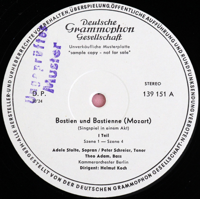 【白レーベル/非売品(テストプレス)】　シュライアー、アダム、コッホらのモーツァルト/「パスティアンとパスティエンヌ」全曲　独DGG　3711　LP レコード