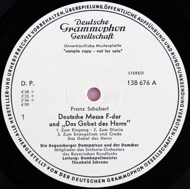 【白レーベル/非売品】　シュレムス、レーゲンスブルグ大聖堂合唱団のシューベルト/ドイツ・ミサ曲ヘ長調 ほか　独DGG　3711　LP レコード