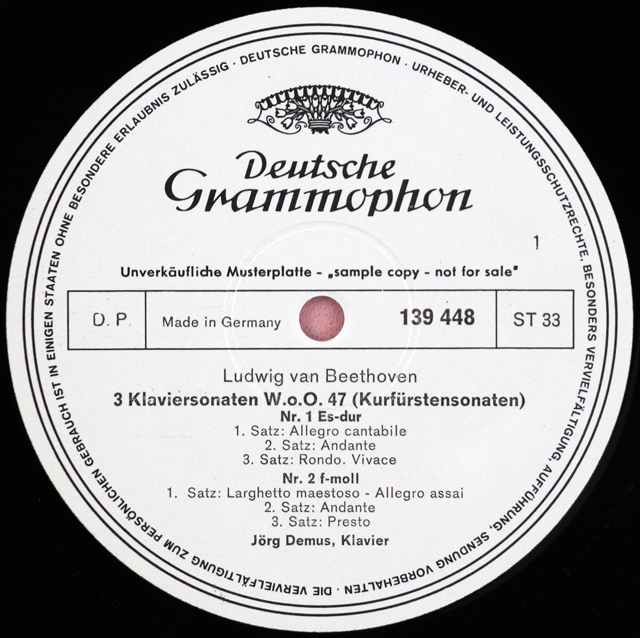 【白レーベル/非売品(テストプレス)】　デームス、シェットラーのベートーヴェン/3つの選帝侯ソナタほか　独DGG　3711　LP レコード