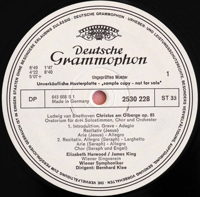 【白レーベル/非売品】　クレーのベートーヴェン/オラトリオ「オリーヴ山上のキリスト」　独DGG　3712　LP レコード