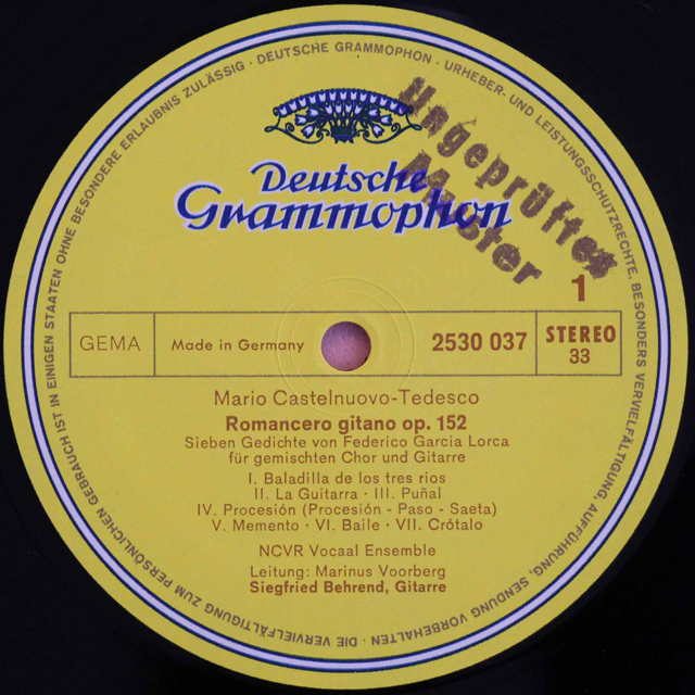 【非売品(テストプレス)】　S.ベーレント、NCRVヴォーカル・アンサンブルのカステルヌオーヴォ=テデスコ/ロマンセ・ヒターノ（1951）ほか　独DGG　3712　LP レコード