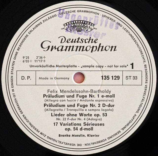 【白レーベル/非売品(テストプレス)】　ムスリンのメンデルスゾーン/6つの前奏曲とフーガから第1、2番ほか　独DGG　3712　LP レコード