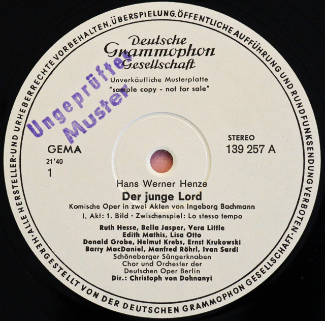 【白レーベル/非売品(テストプレス)】　ドホナーニ、マティスらのヘンツェ/「若き貴族」全曲　独DGG　3713　LP レコード