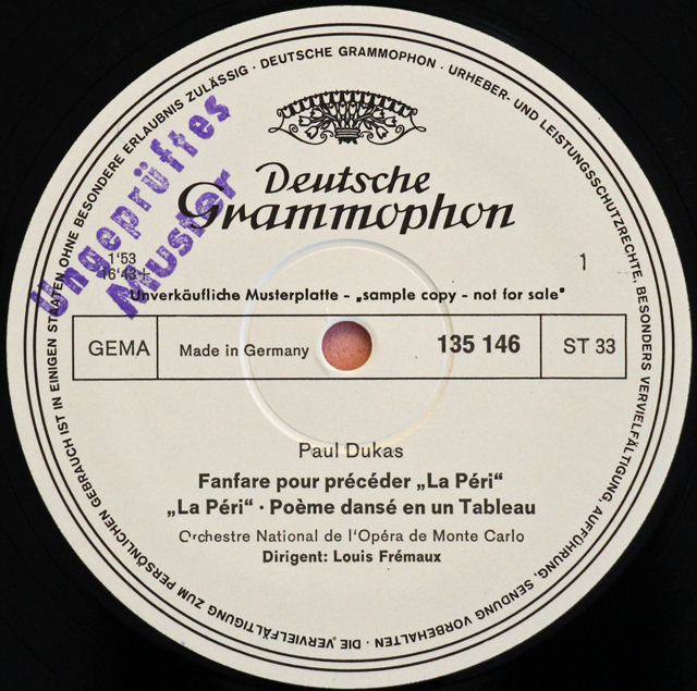 【白レーベル/非売品(テストプレス)】　フレモーのデュカス/「魔法使いの弟子」 ほか　独DGG　3713　LP レコード