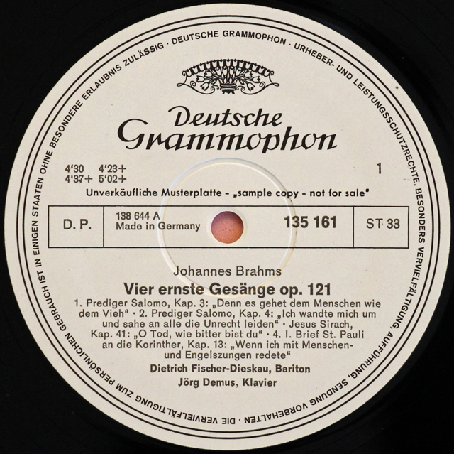 【白レーベル/非売品(テストプレス)】　F=ディースカウ、デームスのブラームス/「4つの厳粛な歌」ほか　独DGG　3713　LP レコード
