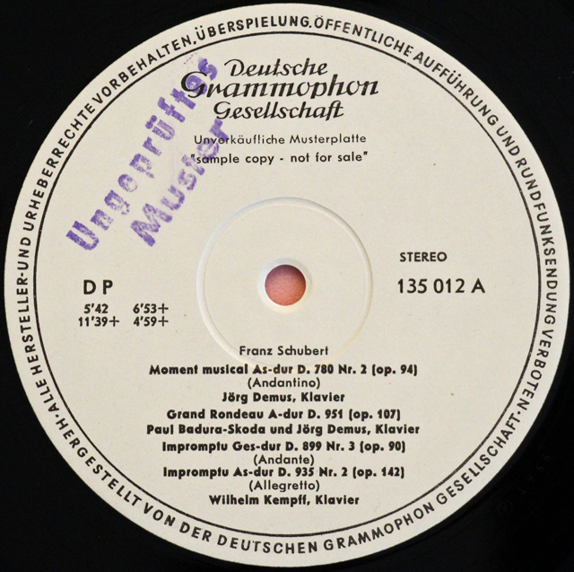【白レーベル/非売品(テストプレス)】　デームスのシューベルト/「楽興の時」ほかピアノ作品集　独DGG　3713　LP レコード