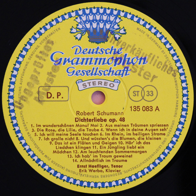 【非売品(テストプレス)】　ヘフリガー、ヴェルバのシューマン/「詩人の恋」ほか　独DGG　3713　LP レコード