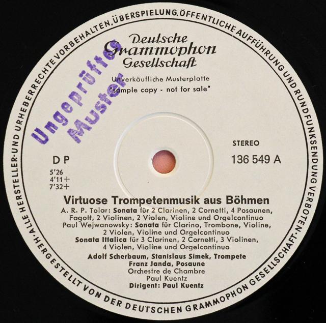 【白レーベル/非売品(テストプレス)】　シェルバウムのボヘミアのヴィルトーゾ・トランペット音楽集　独DGG　3713　LP レコード