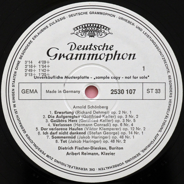 【白レーベル/非売品】　F=ディースカウ、ライマンの新ウィーン楽派歌曲集　独DGG　3713　LP レコード