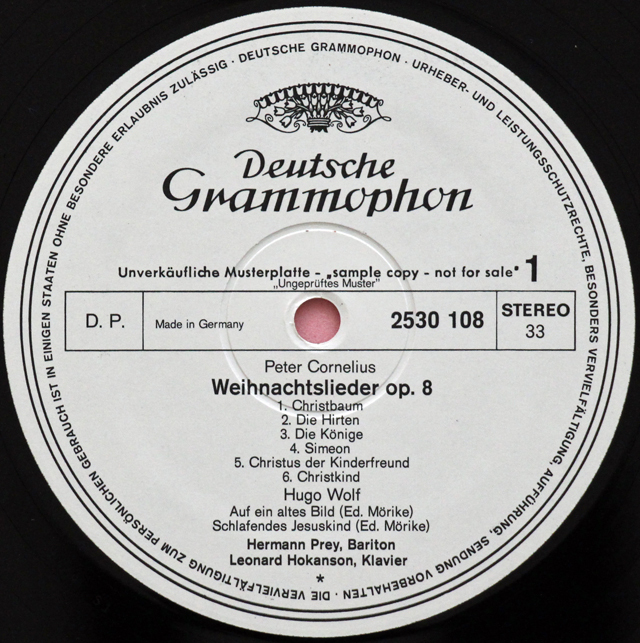 【白レーベル/非売品】　プライ、ホカンソンのコルネリウス/歌曲集「クリスマスの歌」ほか　独DGG　3713　LP レコード