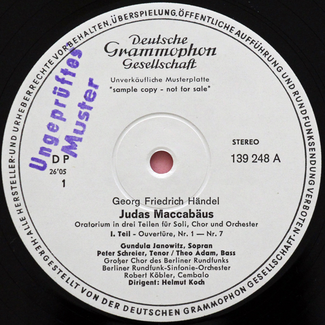 【白レーベル/非売品(テストプレス)】　コッホのヘンデル/オラトリオ「マカベウスのユダ」　独DGG　3713　LP レコード