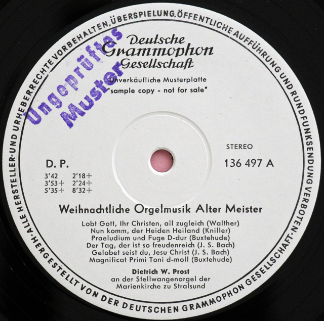 【白レーベル/非売品(テストプレス)】　プロストのバッハ/クリスマスのオルガン音楽集　独DGG　3714　LP レコード