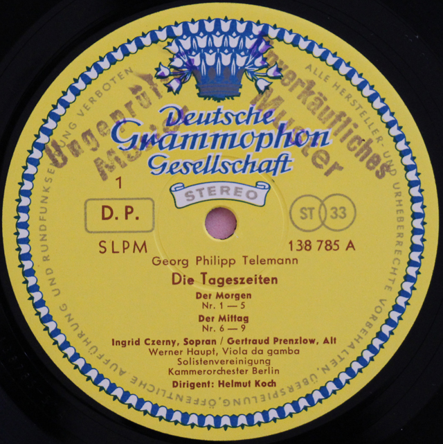 【白レーベル/非売品(テストプレス)】　コッホのテレマン/カンタータ「一日の時」　独DGG　3715　LP レコード