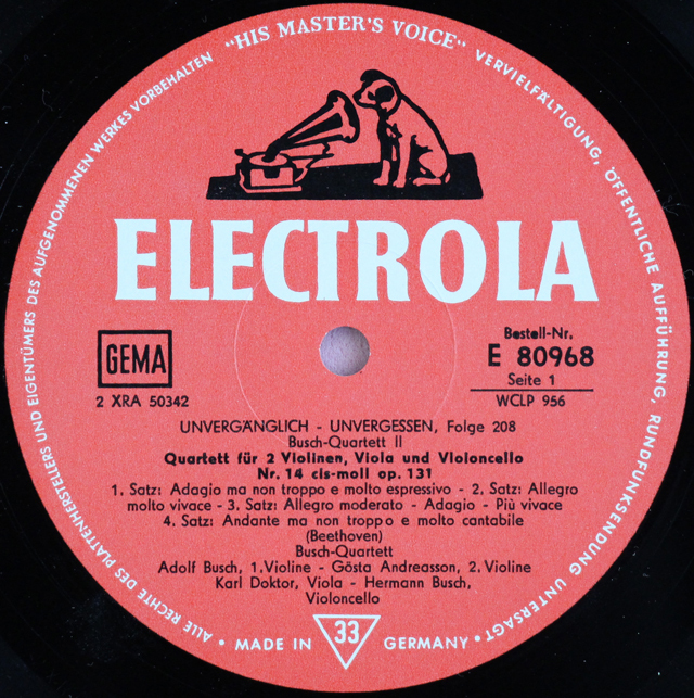 独Electrola　ベートーヴェン 弦楽四重奏曲第14番　ブッシュ四重奏団 LP レコード ブッシュ四重奏団のベートーヴェン/弦楽四重奏曲第