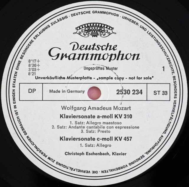 【白レーベル/非売品(テストプレス)】　エッシェンバッハのモーツァルト/ピアノソナタ集　独DGG　3722　LP レコード