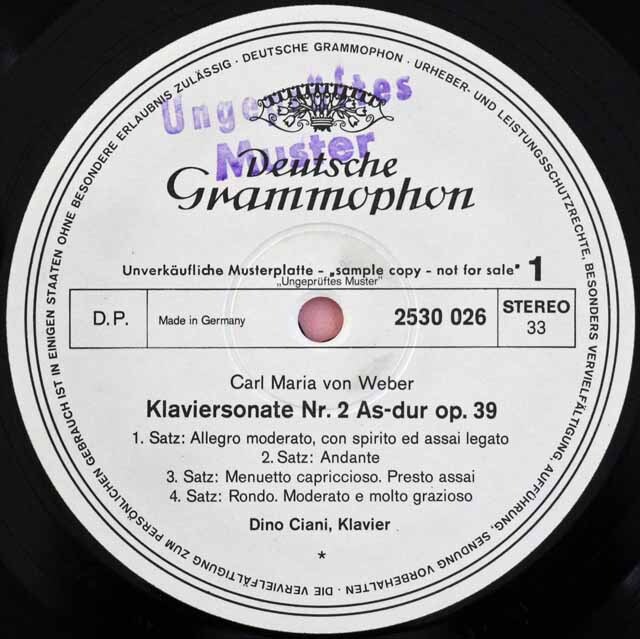【白レーベル/非売品(テストプレス)】　チアーニのウェーバー/ピアノソナタ集　独DGG　3722　LP レコード