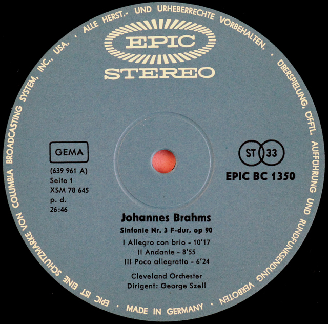 LP レコード セルのブラームス/交響曲第3番ほか 独EPIC 3725