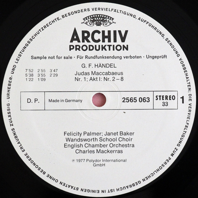 【白レーベル/非売品】　マッケラスのヘンデル/オラトリオ「マカベウスのユダ」　独ARCHIV　3725　LP レコード