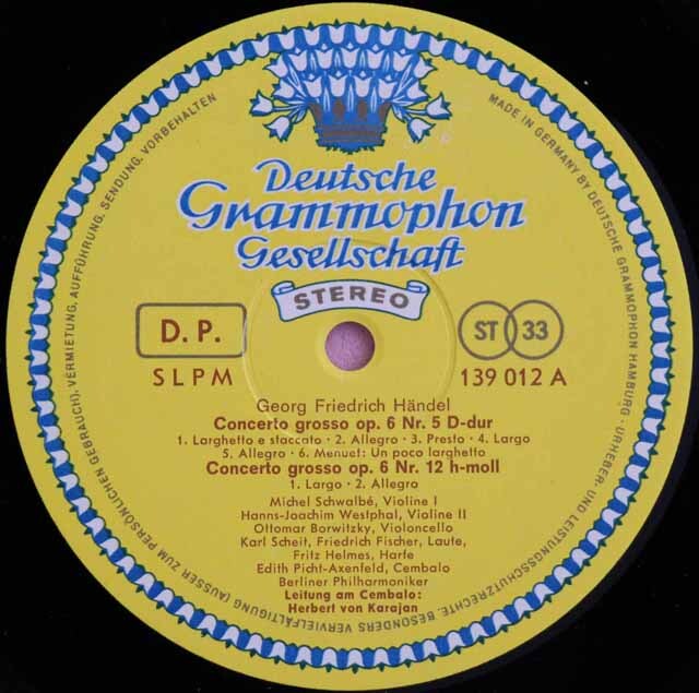 LP レコード カラヤンのヘンデル/合奏協奏曲作品6-5・12＆10 独DGG 3726