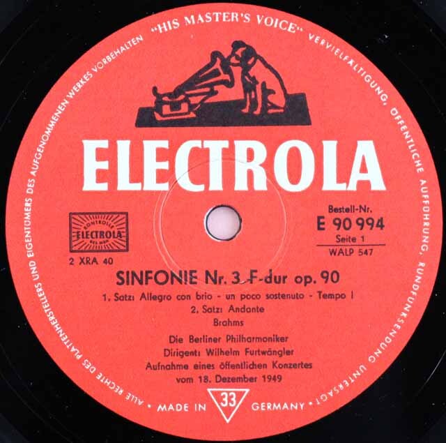 LPレコード フルトヴェングラーのブラームス/交響曲第3番 独EMI 3727
