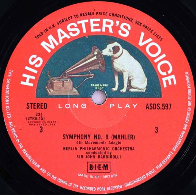LP レコード オリジナル盤 バルビローリのマーラー/交響曲第9番 英EMI 3727