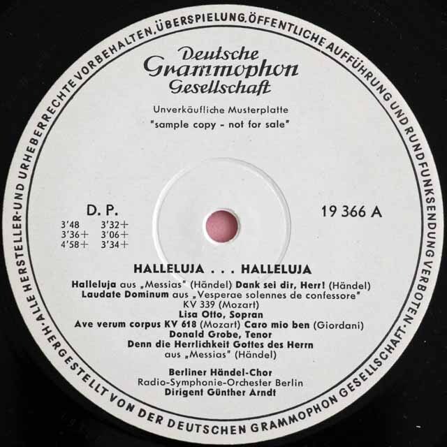【白レーベル/非売品】　オットー、グローベ、アルントのヘンデル/ハレルヤ・コーラスほか　独DGG　3727　LP レコード