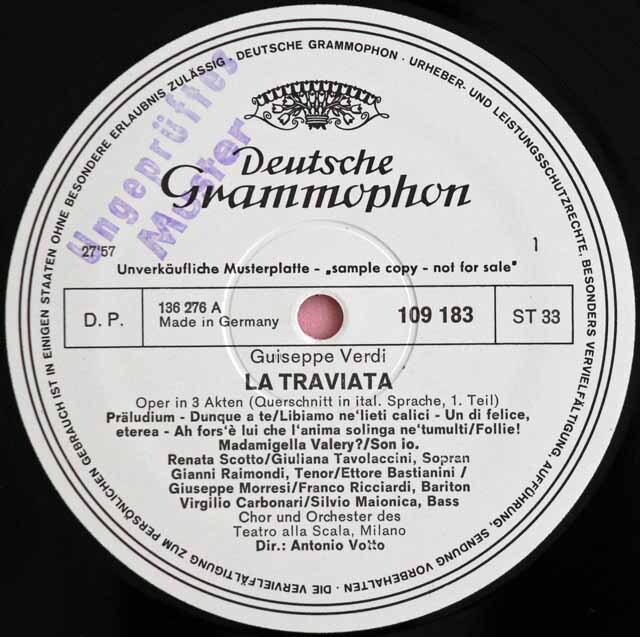 【白レーベル/非売品(テストプレス)】　ヴォットーのヴェルディ/歌劇「椿姫」抜粋　独DGG　3727　LP レコード