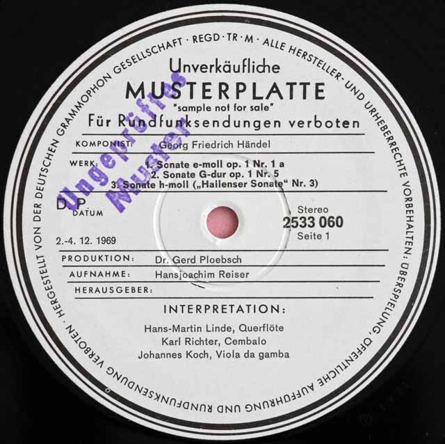【白レーベル/非売品(テストプレス)】　リンデ、リヒターのヘンデル/フルートソナタ集　独ARCHIV　3727　LP レコード