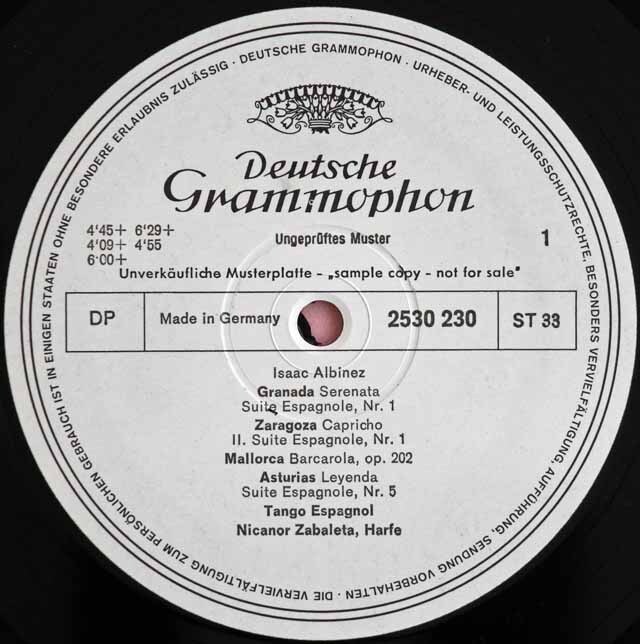 【白レーベル/非売品】　サバレタのスペインのハープ音楽集　（アルベニス、ファリャ、グラナドスほか）　独DGG　3727　LP レコード