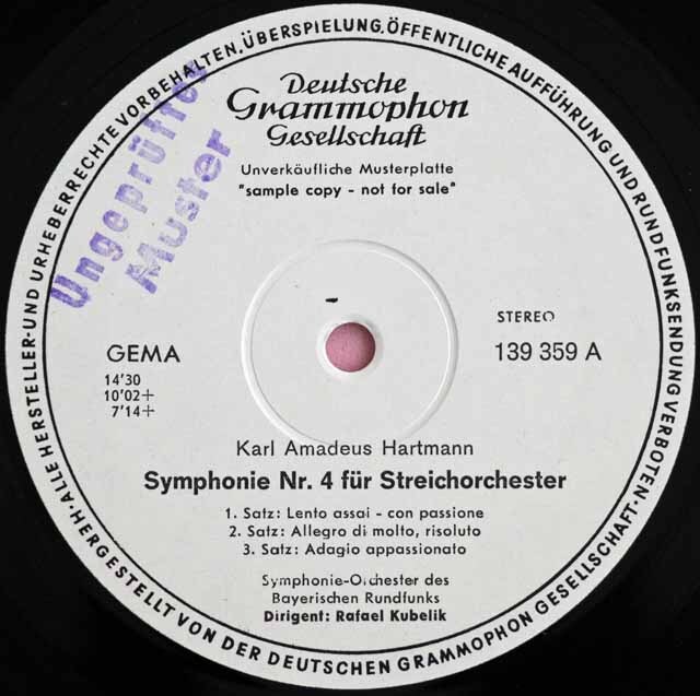 【白レーベル/非売品(テストプレス)】　クーベリックのハルトマン/交響曲第4、8番　独DGG　3727　LP レコード
