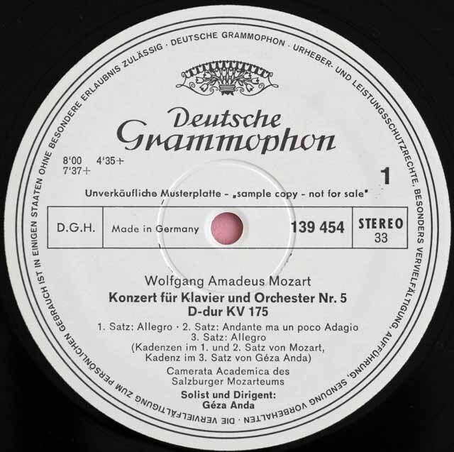 【白レーベル/非売品】　アンダのモーツァルト/ピアノ協奏曲第3、4、5番　独DGG　3727　LP レコード
