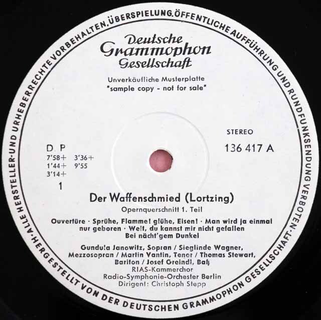 【白レーベル/非売品(テストプレス)】　ヤノヴィッツ、ステップのロルツィング/歌劇「刀鍛冶」抜粋　独DGG　3727　LP レコード