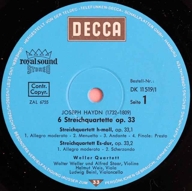 LP レコード ウェラー四重奏団のハイドン/ロシア四重奏曲集 独DECCA 3727