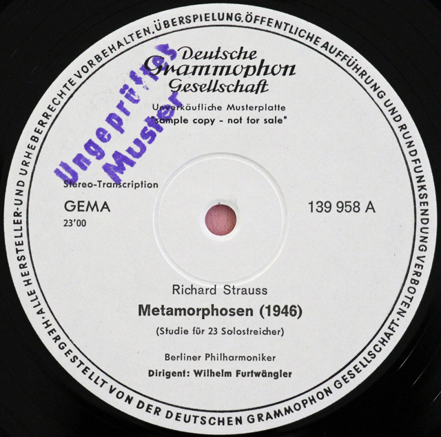 独未発売盤【白レーベル/非売品(テストプレス)/疑似ステレオ】　フルトヴェングラーのR.シュトラウス/「メタモルフォーゼン」（変容）ほか　独DGG　3728　LP レコード