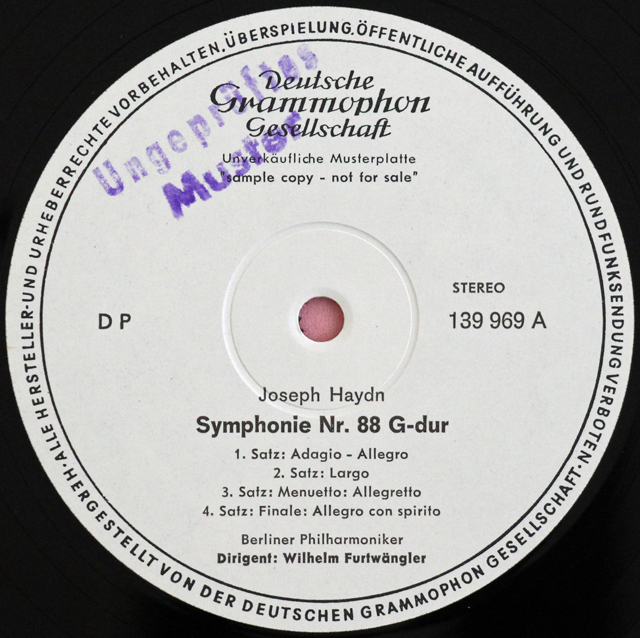 独未発売盤【白レーベル/非売品(テストプレス)/疑似ステレオ】　フルトヴェングラーのハイドン/交響曲第88番「V字」ほか　独DGG　3728　LP レコード