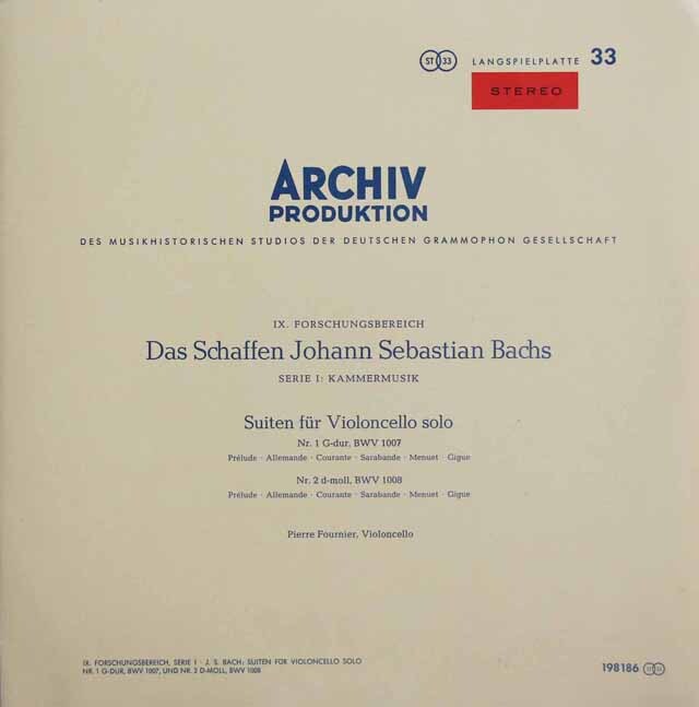【赤ステレオ・オリジナル盤】　フルニエのバッハ/無伴奏チェロ組曲第1、2番　独ARCHIV　3729　LP レコード