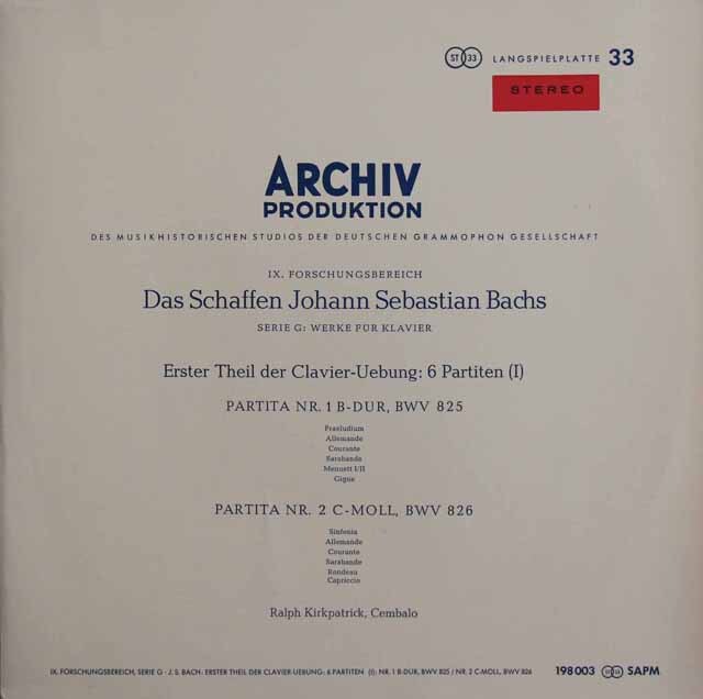 【赤ステレオ・オリジナル盤】　カークパトリックのバッハ/バッハ/6つのパルティータ　（クラヴィーア練習曲第1巻）　独ARCHIV　3729　LP レコード