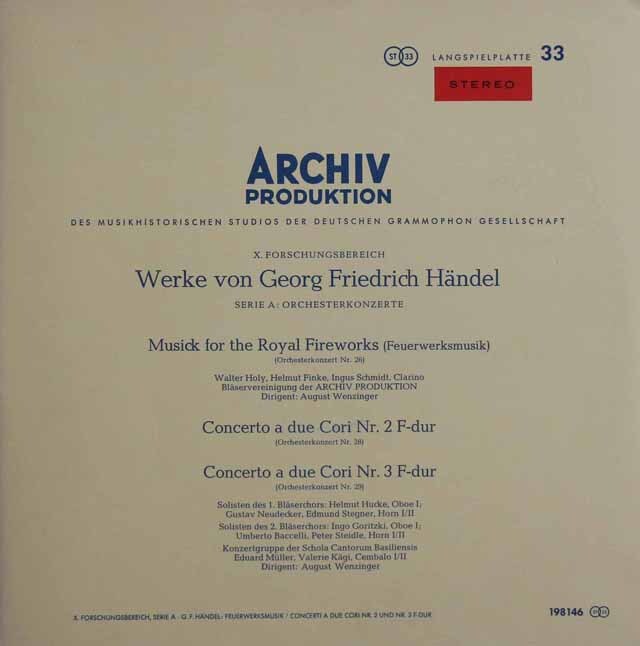 【赤ステレオ・カルテ付き】　ヴェンツィンガーのヘンデル/「王宮の花火の音楽」ほか　独ARCHIV　3731　LP レコード